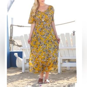 ANANDA’S COLLECTION NWOT Mustard Floral Pom Pom Trim Maxi Dress, Size M.
